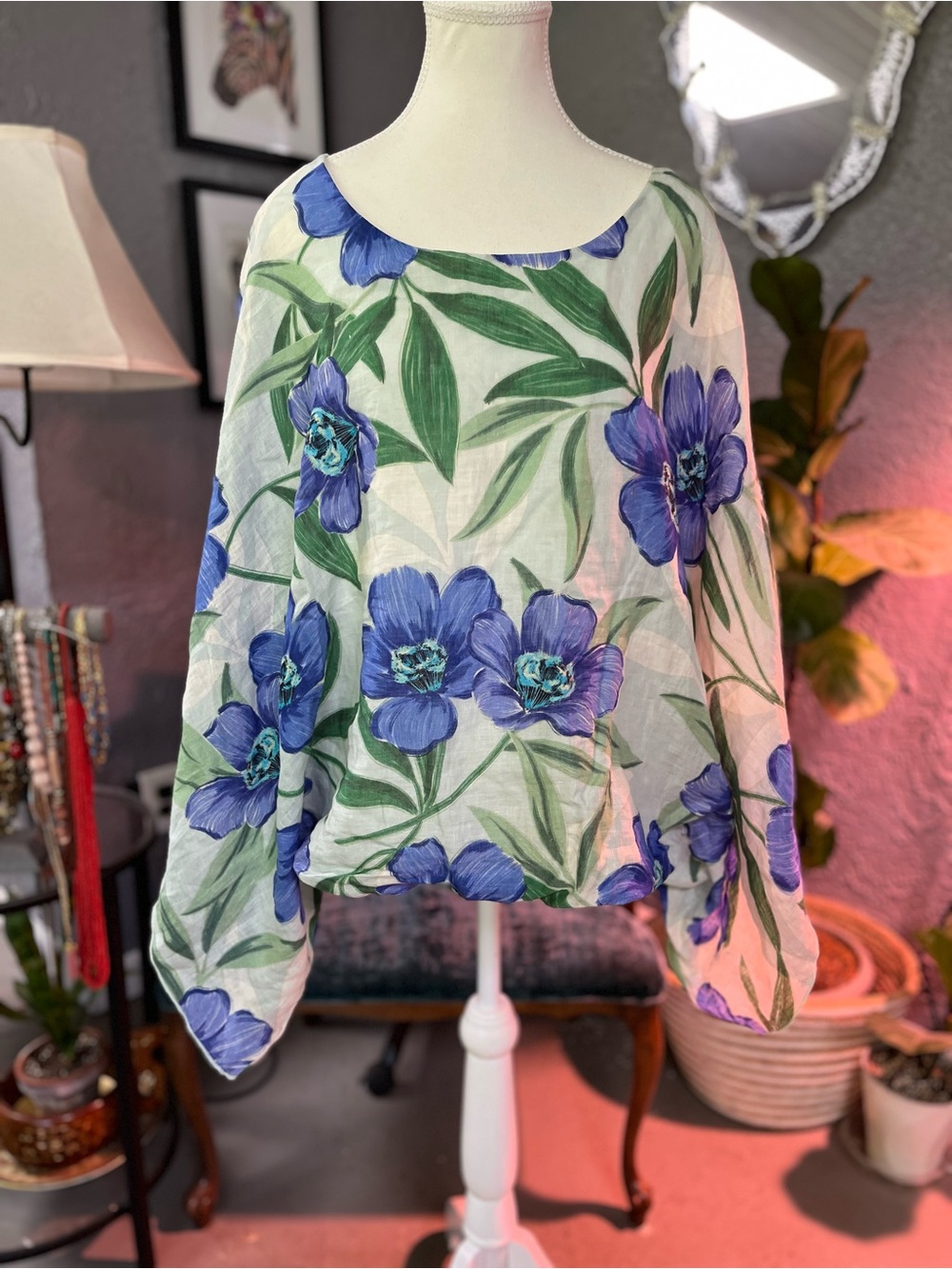 Karen Kane 100% Linen White Blouse with Blue Floral Print